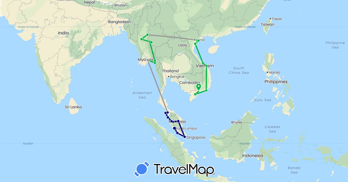 TravelMap itinerary: driving, bus, plane in Myanmar (Burma), Malaysia, Singapore, Vietnam (Asia)